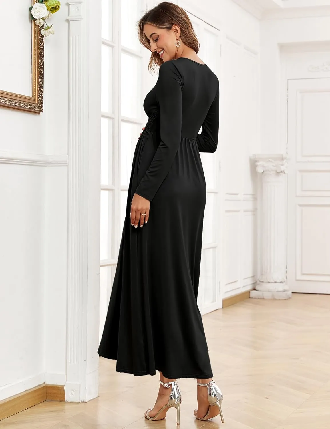 2025 Women's Maternity Maxi Dress Long Sleeve Wrap V Neck Pregnancy Dresses with Pockets Baby Shower Photoshoot Formal
