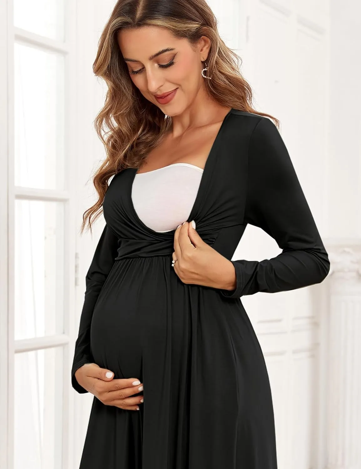 2025 Women's Maternity Maxi Dress Long Sleeve Wrap V Neck Pregnancy Dresses with Pockets Baby Shower Photoshoot Formal