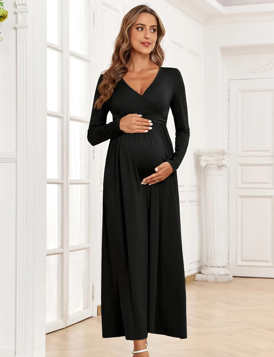 2025 Women's Maternity Maxi Dress Long Sleeve Wrap V Neck Pregnancy Dresses with Pockets Baby Shower Photoshoot Formal
