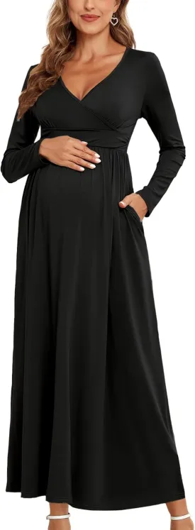 2025 Women's Maternity Maxi Dress Long Sleeve Wrap V Neck Pregnancy Dresses with Pockets Baby Shower Photoshoot Formal