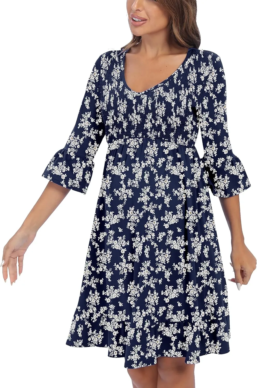 3/4 Sleeve Maternity Dress, V Neck Fall Casual Smocked Flowy Midi Dress for Baby Shower Photoshoot