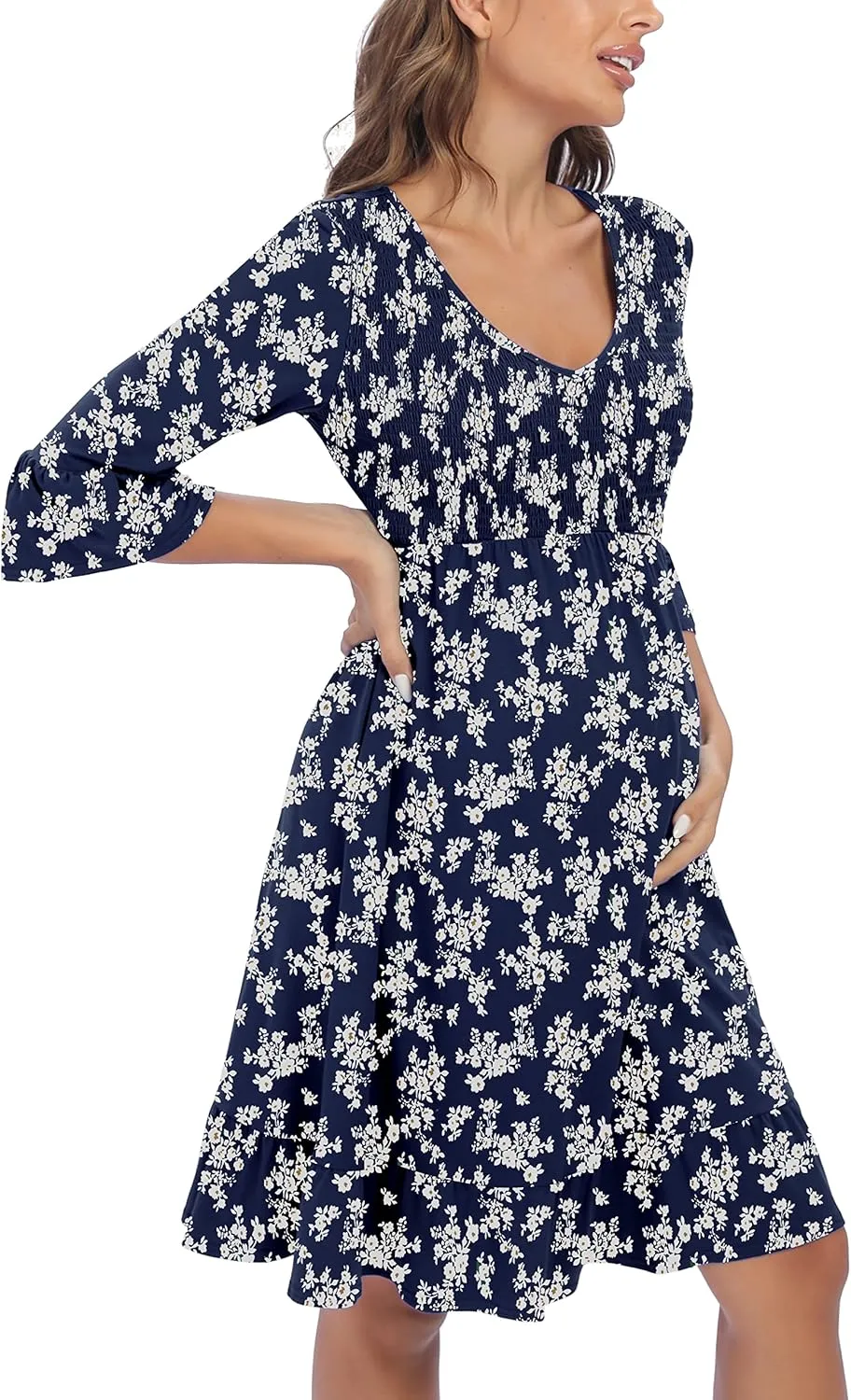 3/4 Sleeve Maternity Dress, V Neck Fall Casual Smocked Flowy Midi Dress for Baby Shower Photoshoot
