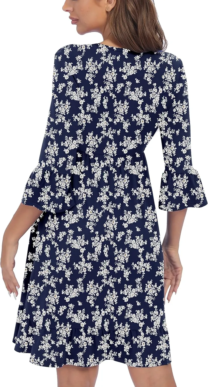3/4 Sleeve Maternity Dress, V Neck Fall Casual Smocked Flowy Midi Dress for Baby Shower Photoshoot