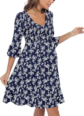 3/4 Sleeve Maternity Dress, V Neck Fall Casual Smocked Flowy Midi Dress for Baby Shower Photoshoot