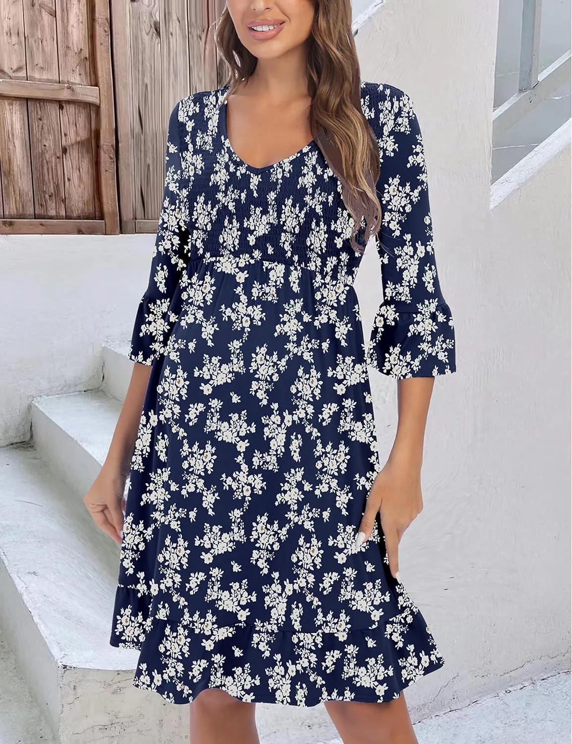 3/4 Sleeve Maternity Dress, V Neck Fall Casual Smocked Flowy Midi Dress for Baby Shower Photoshoot