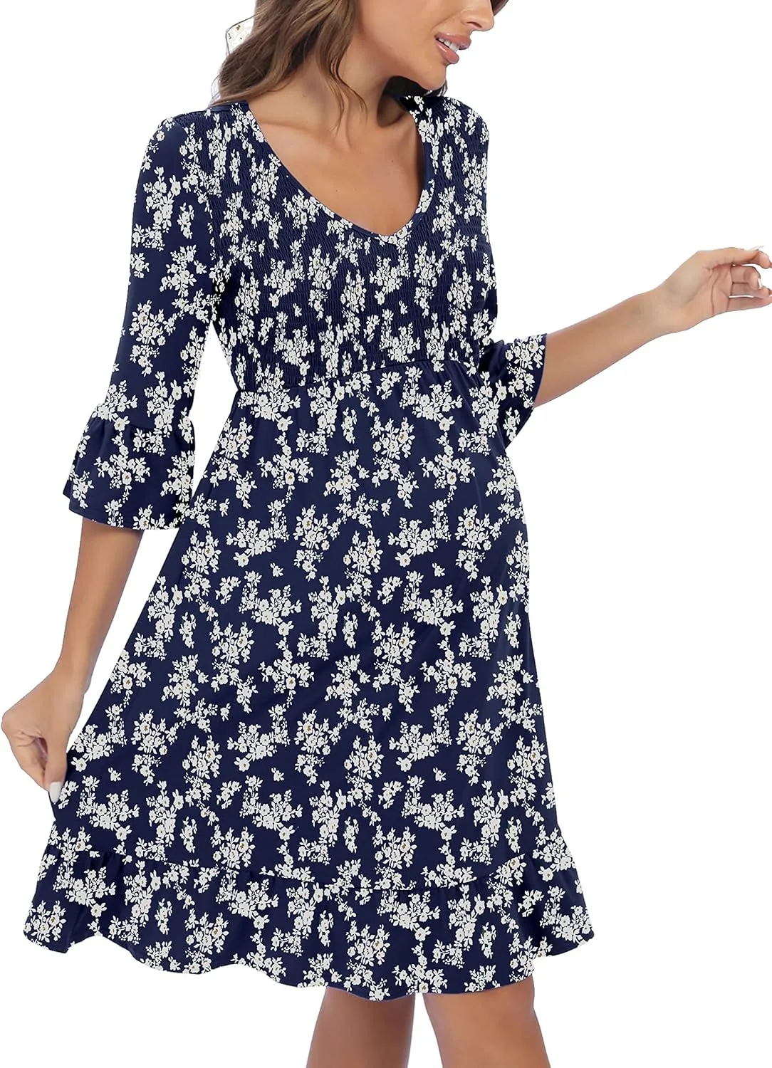 3/4 Sleeve Maternity Dress, V Neck Fall Casual Smocked Flowy Midi Dress for Baby Shower Photoshoot