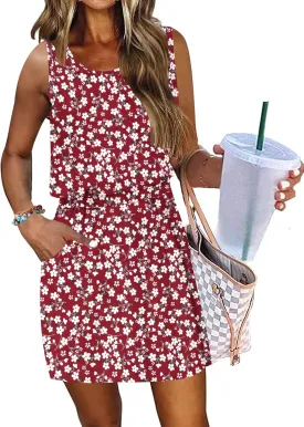 AUSELILY Women Summer Dress 2025 Casual Sleeveless Sundress Crew Neck Beach Short Dresses with Pockets