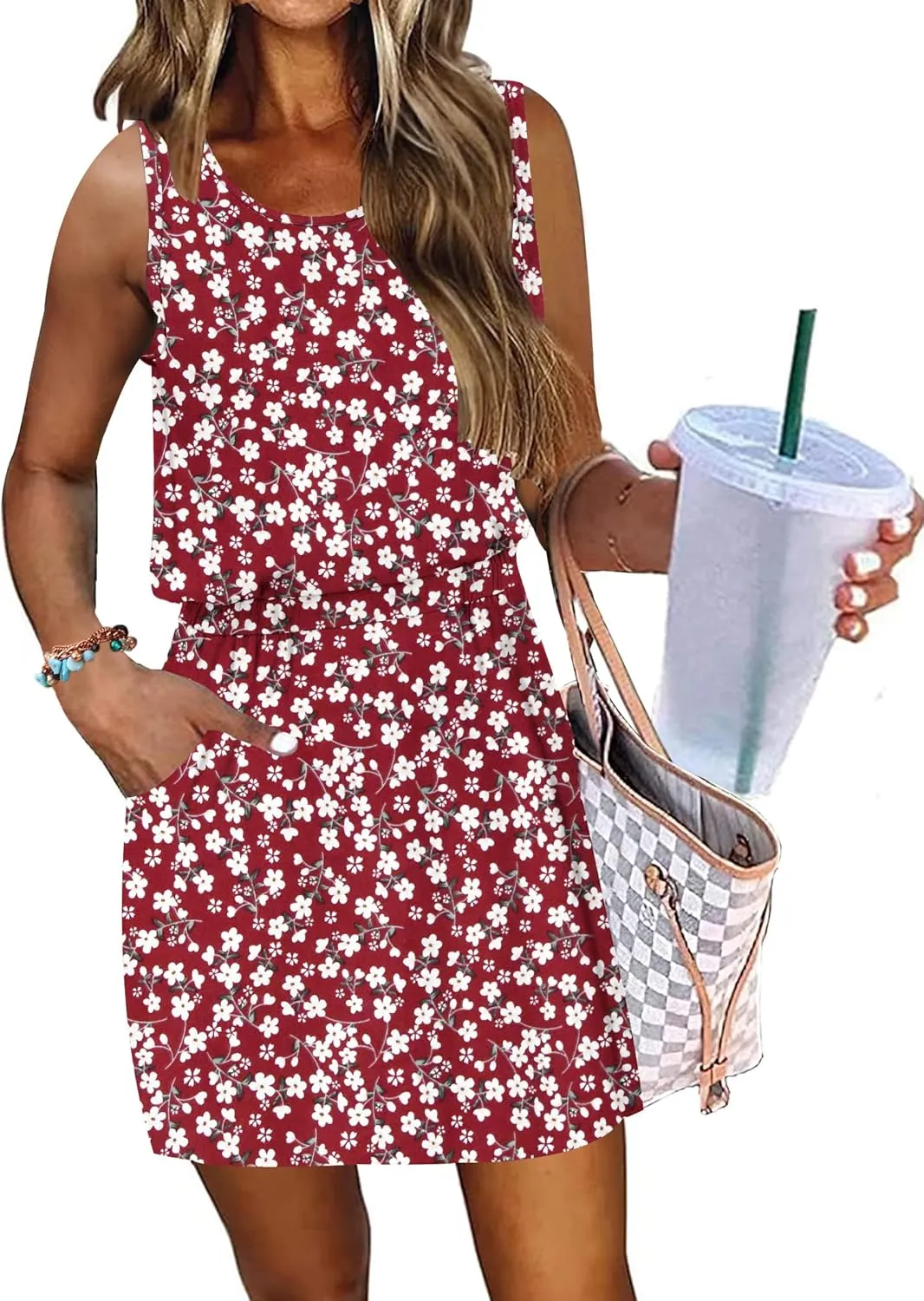 AUSELILY Women Summer Dress 2025 Casual Sleeveless Sundress Crew Neck Beach Short Dresses with Pockets