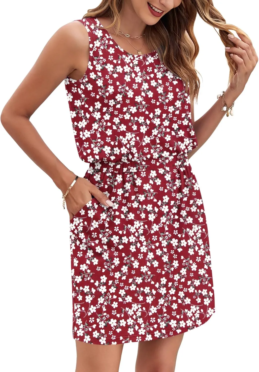 AUSELILY Women Summer Dress 2025 Casual Sleeveless Sundress Crew Neck Beach Short Dresses with Pockets