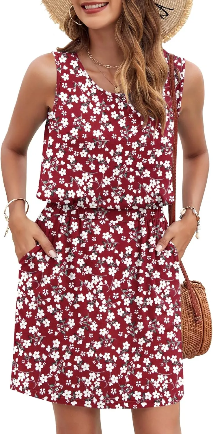 AUSELILY Women Summer Dress 2025 Casual Sleeveless Sundress Crew Neck Beach Short Dresses with Pockets