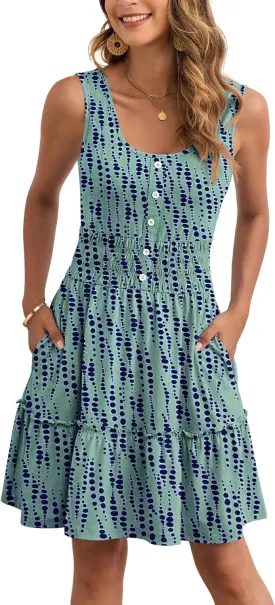 AUSELILY Women Summer Dress Sleeveless Tank Button Down Dresses Tiered Smocked Elastic Waist with Pockets