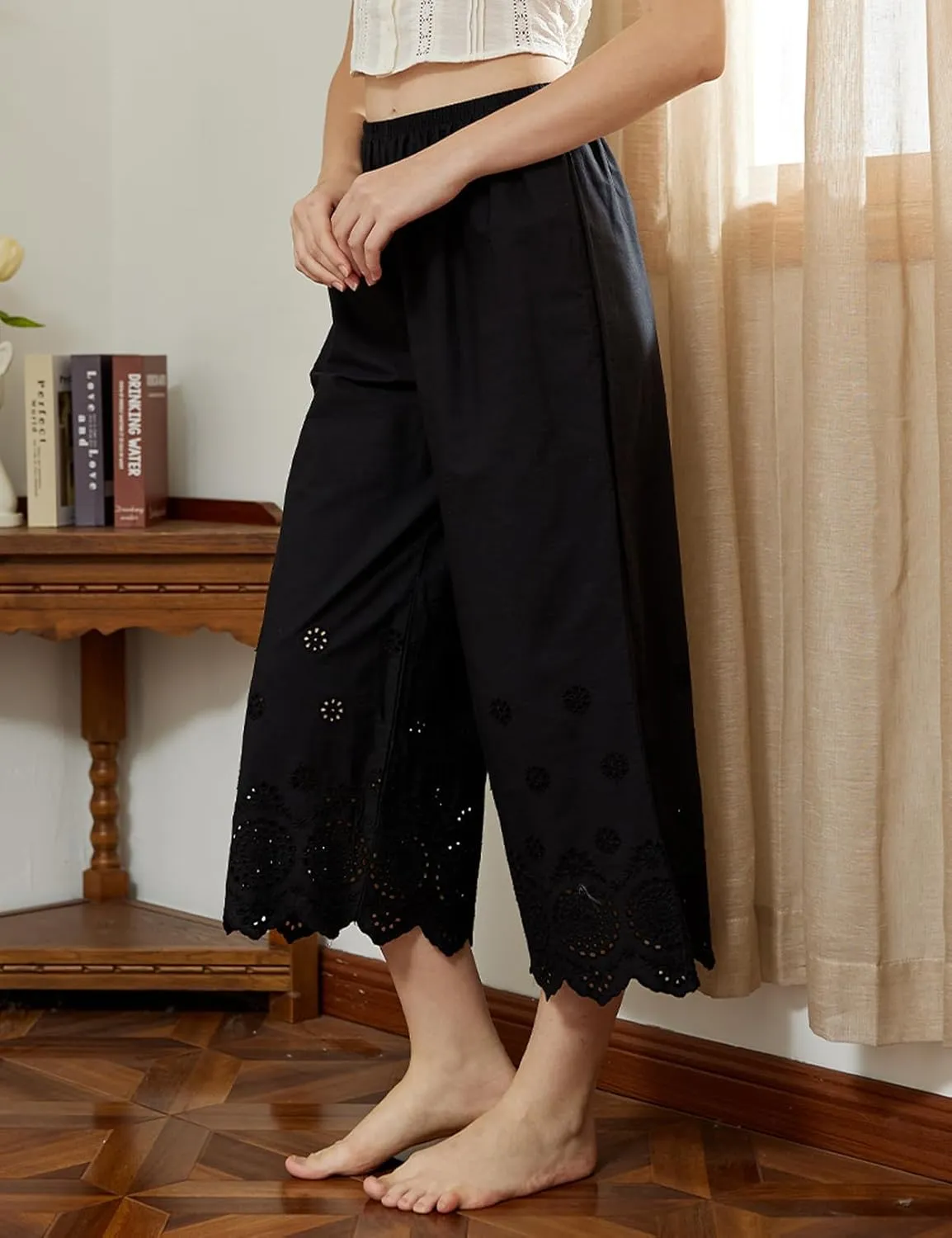 BEAUTELICATE Vintage Cotton Shorts Pettipants Culotte Slip Cropped Sleepwear Pants with Lace Edge