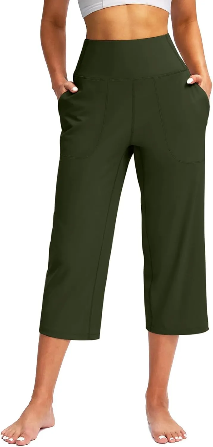 Capri Pants for Women Summer Wide Leg Capri Pants with Pockets Tummy Control Yoga Capris Plus Size Cropped Pants