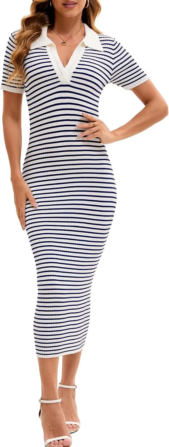 Cioatin Women Short Sleeve Striped Knit Bodycon Midi Dresses Polo Collar V Neck Long Maxi Dress Slim Fit Formal Party