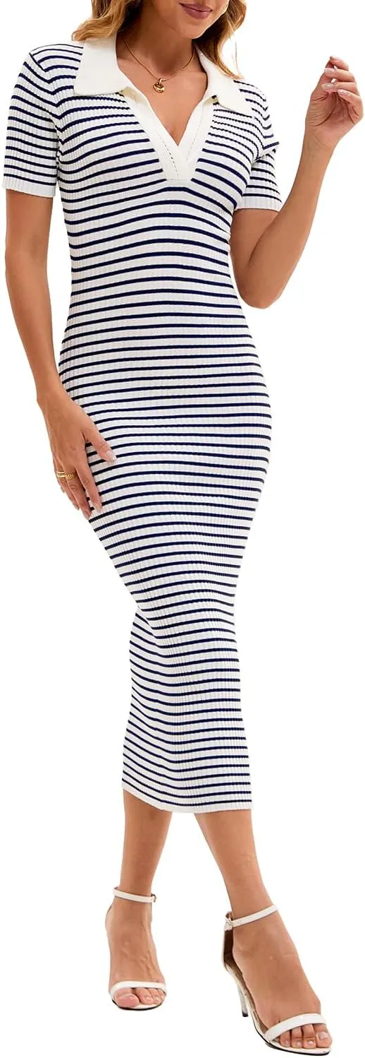 Cioatin Women Short Sleeve Striped Knit Bodycon Midi Dresses Polo Collar V Neck Long Maxi Dress Slim Fit Formal Party