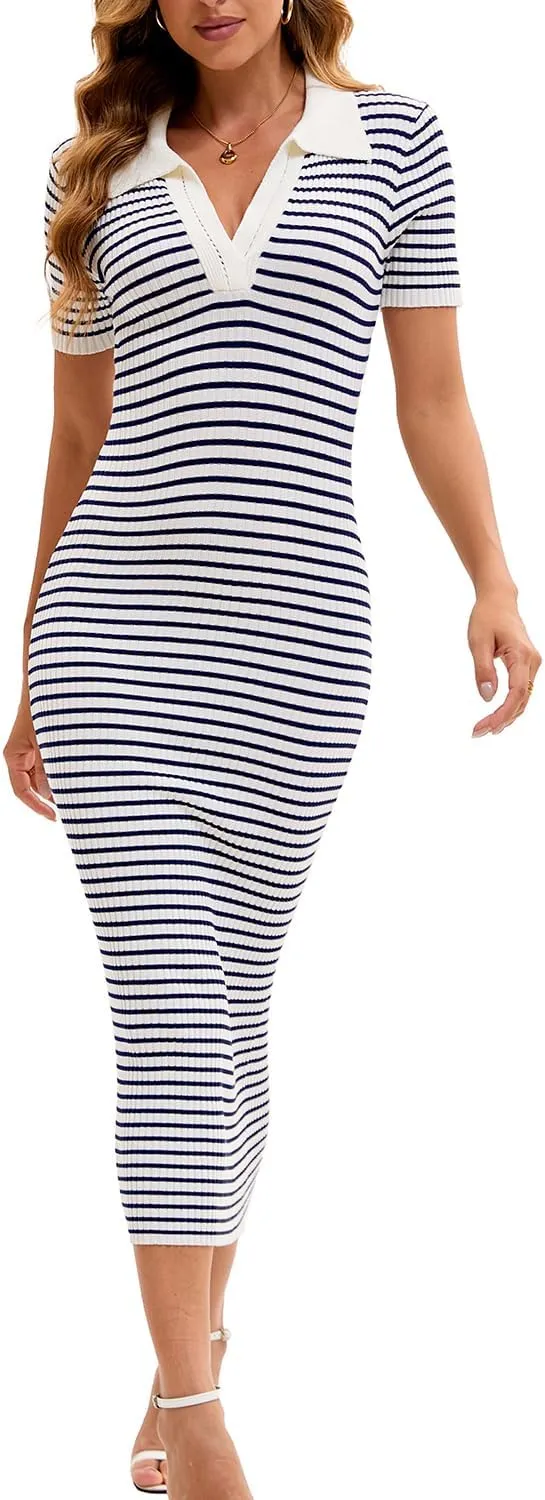 Cioatin Women Short Sleeve Striped Knit Bodycon Midi Dresses Polo Collar V Neck Long Maxi Dress Slim Fit Formal Party