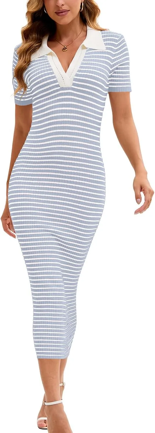 Cioatin Women Short Sleeve Striped Knit Bodycon Midi Dresses Polo Collar V Neck Long Maxi Dress Slim Fit Formal Party