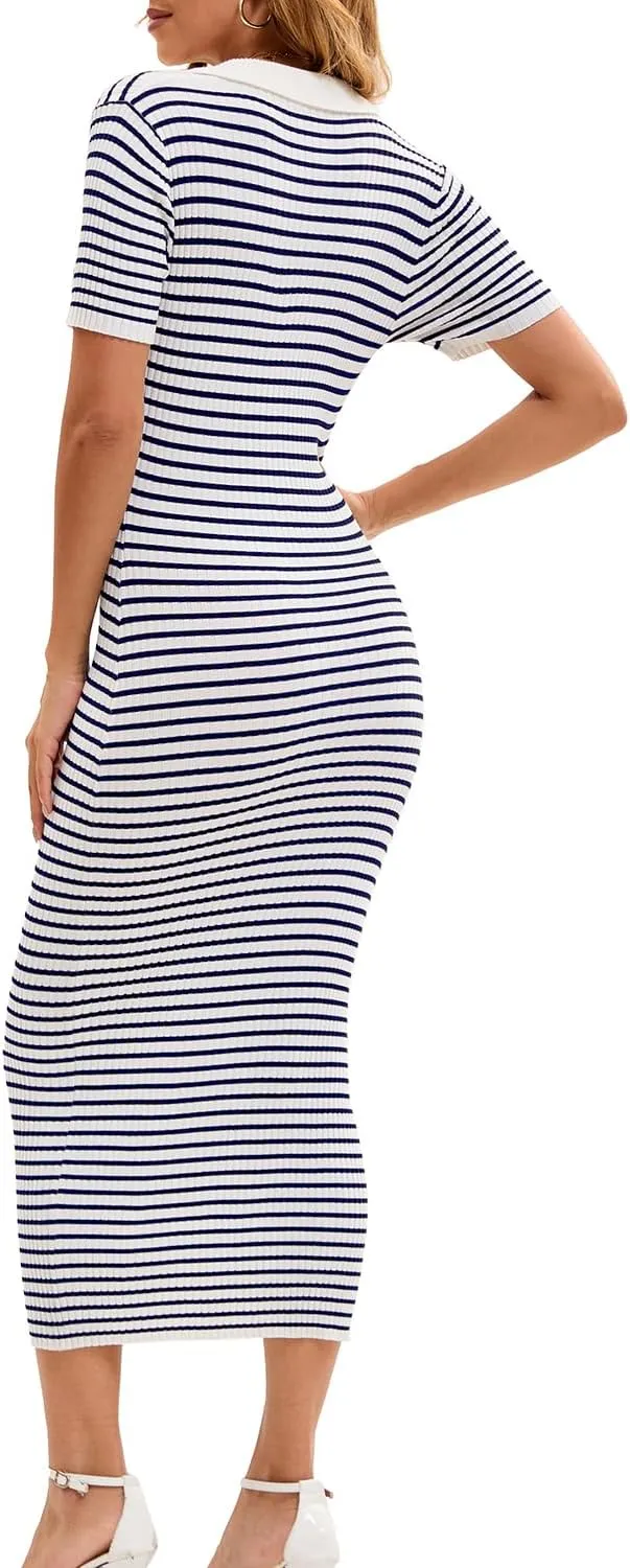 Cioatin Women Short Sleeve Striped Knit Bodycon Midi Dresses Polo Collar V Neck Long Maxi Dress Slim Fit Formal Party