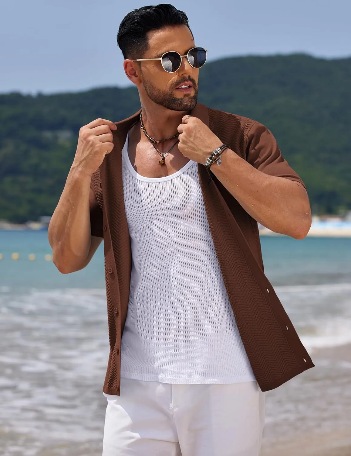 COOFANDY Mens Knit Short Sleeve Shirt Casual Button Down Shirt Vintage Fashion Polo Shirts Crochet Summer Beach Shirts