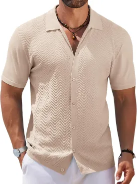 COOFANDY Mens Knit Short Sleeve Shirt Casual Button Down Shirt Vintage Fashion Polo Shirts Crochet Summer Beach Shirts