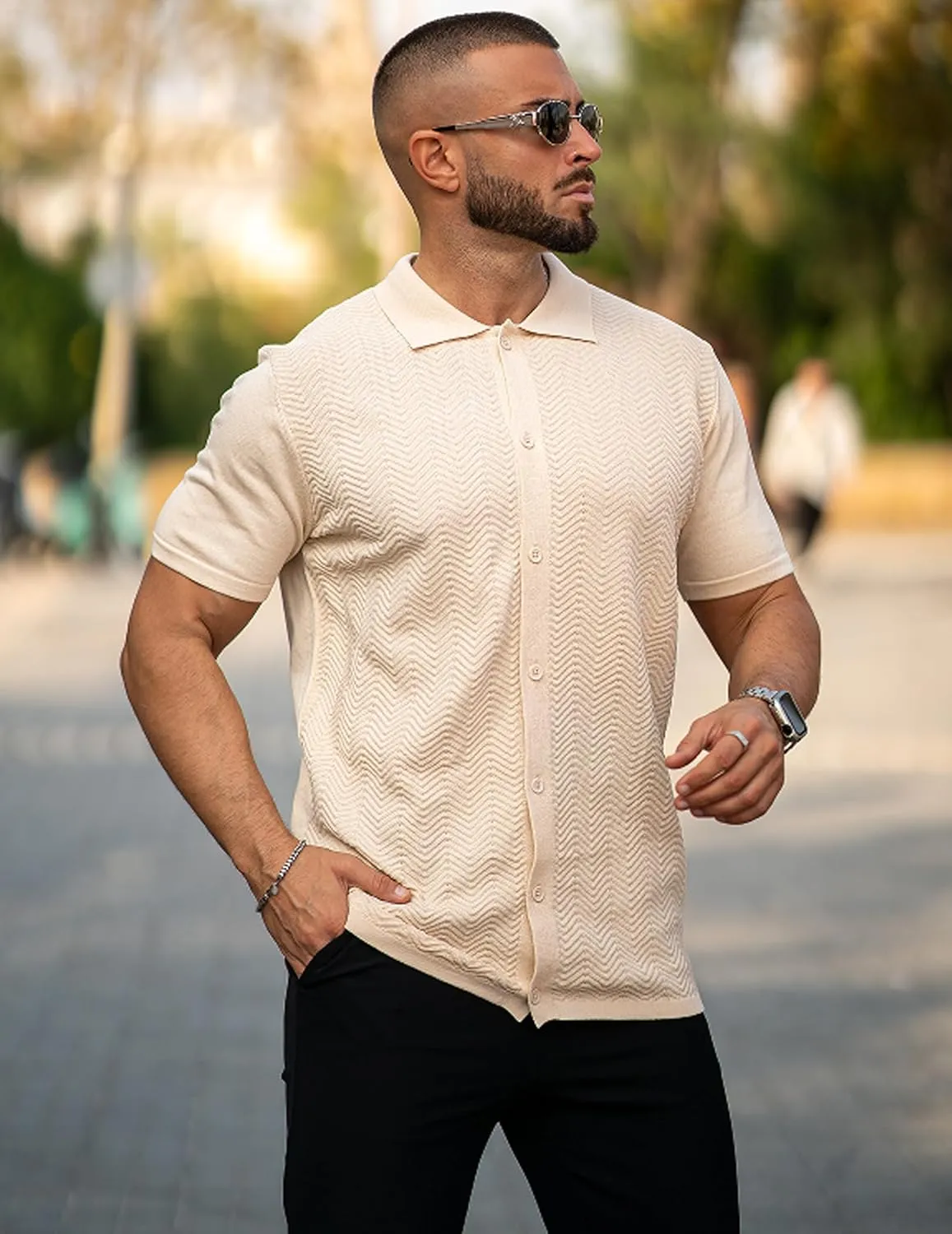 COOFANDY Mens Knit Short Sleeve Shirt Casual Button Down Shirt Vintage Fashion Polo Shirts Crochet Summer Beach Shirts