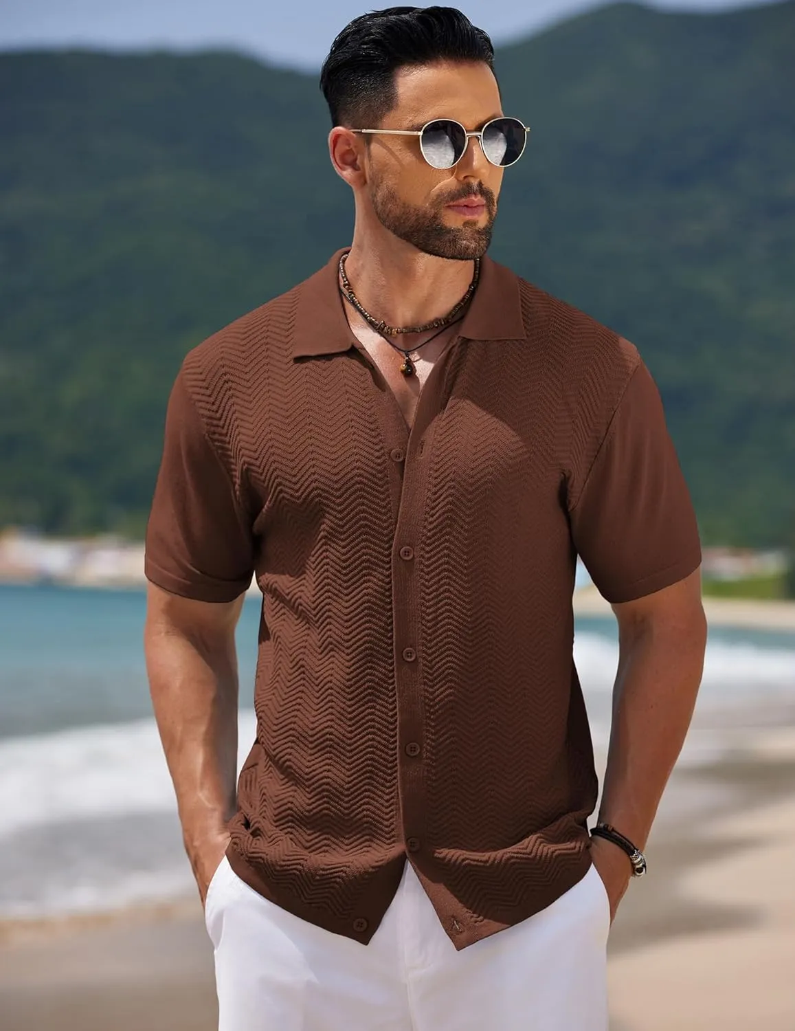 COOFANDY Mens Knit Short Sleeve Shirt Casual Button Down Shirt Vintage Fashion Polo Shirts Crochet Summer Beach Shirts