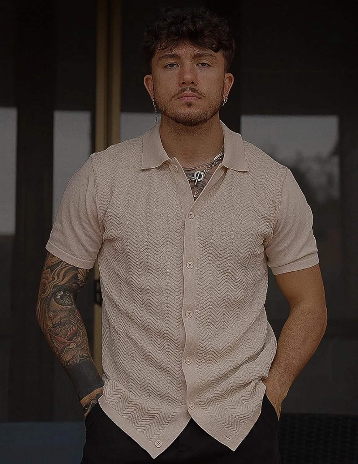 COOFANDY Mens Knit Short Sleeve Shirt Casual Button Down Shirt Vintage Fashion Polo Shirts Crochet Summer Beach Shirts