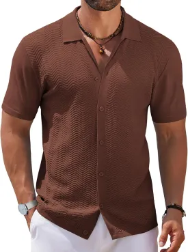 COOFANDY Mens Knit Short Sleeve Shirt Casual Button Down Shirt Vintage Fashion Polo Shirts Crochet Summer Beach Shirts