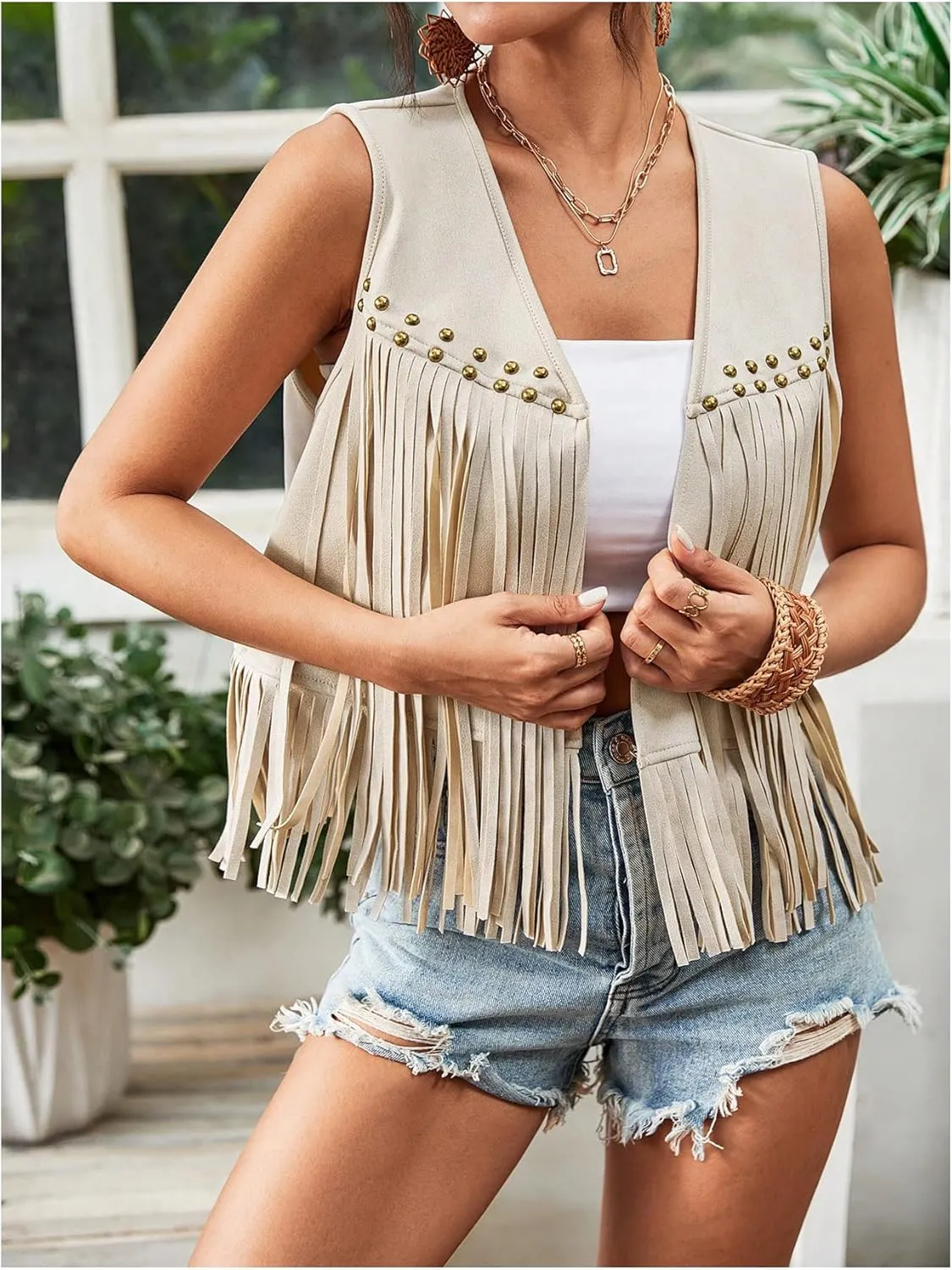 GORGLITTER Women's Tassel Fringe Sleeveless Vest Fringe Suede 70s Hippie Jacket Outfits