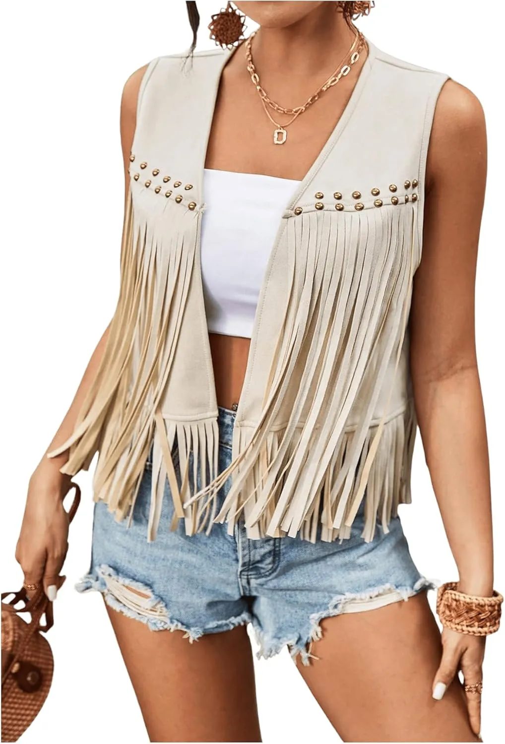 GORGLITTER Women's Tassel Fringe Sleeveless Vest Fringe Suede 70s Hippie Jacket Outfits