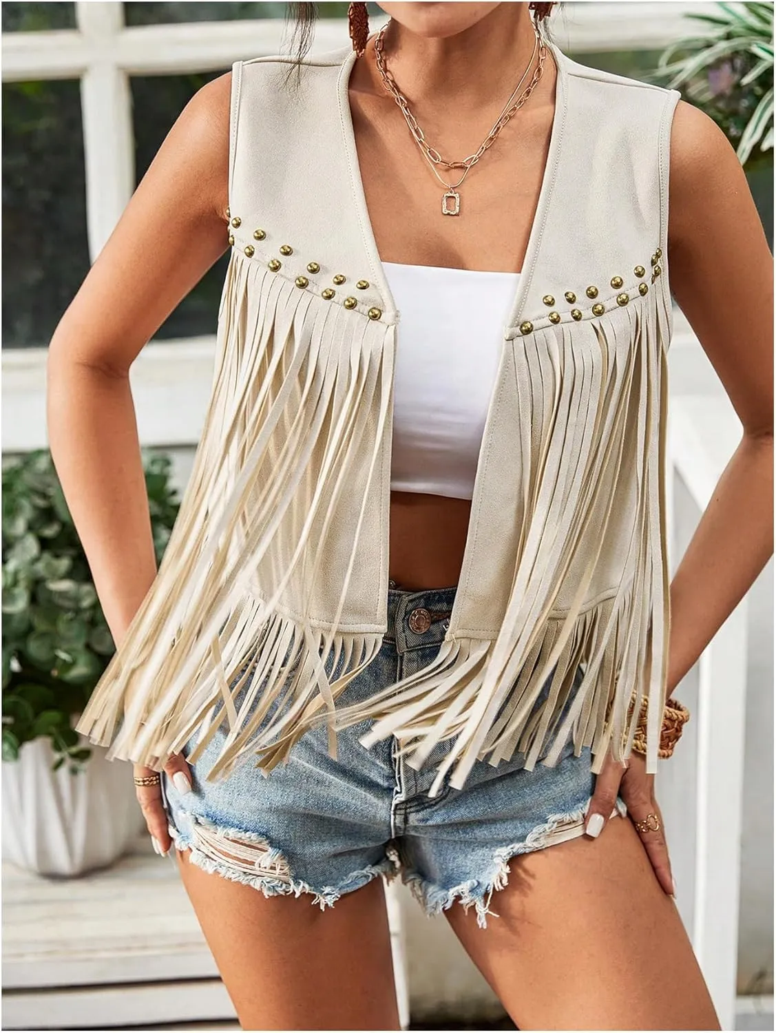 GORGLITTER Women's Tassel Fringe Sleeveless Vest Fringe Suede 70s Hippie Jacket Outfits