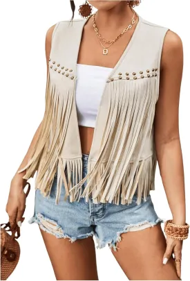 GORGLITTER Women's Tassel Fringe Sleeveless Vest Fringe Suede 70s Hippie Jacket Outfits