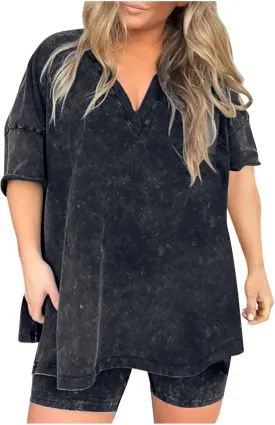 HGps8w Two Piece Outfits for Women Retro Washed Distressed Oversized Workout V Neck T Shirts with Biker Shorts Matching Sets