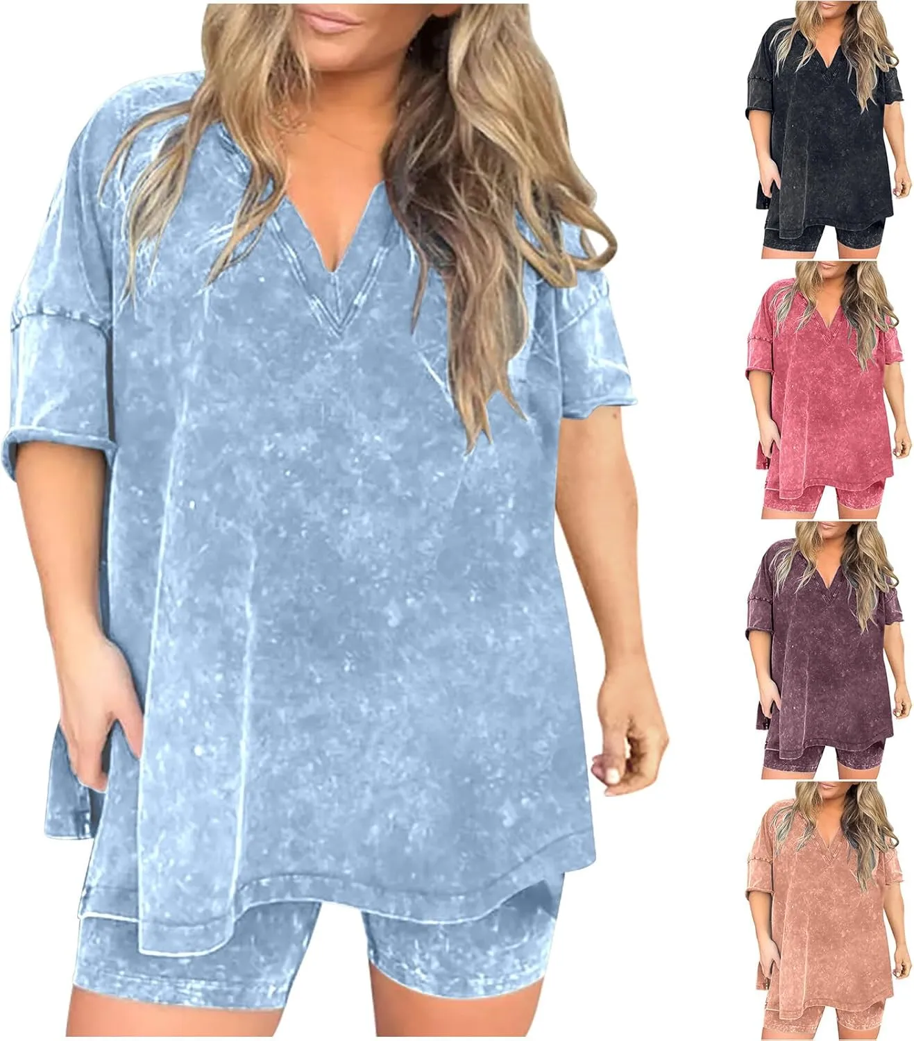 HGps8w Two Piece Outfits for Women Retro Washed Distressed Oversized Workout V Neck T Shirts with Biker Shorts Matching Sets