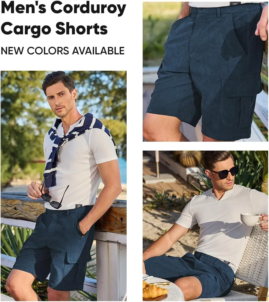 JMIERR Mens Cargo Shorts Corduroy Casual Elastic Waist Lightweight Outdoor Hiking Work Short