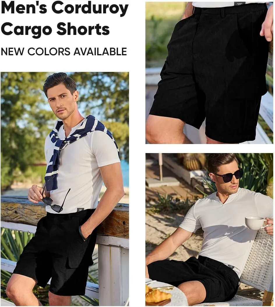JMIERR Mens Cargo Shorts Corduroy Casual Elastic Waist Lightweight Outdoor Hiking Work Short