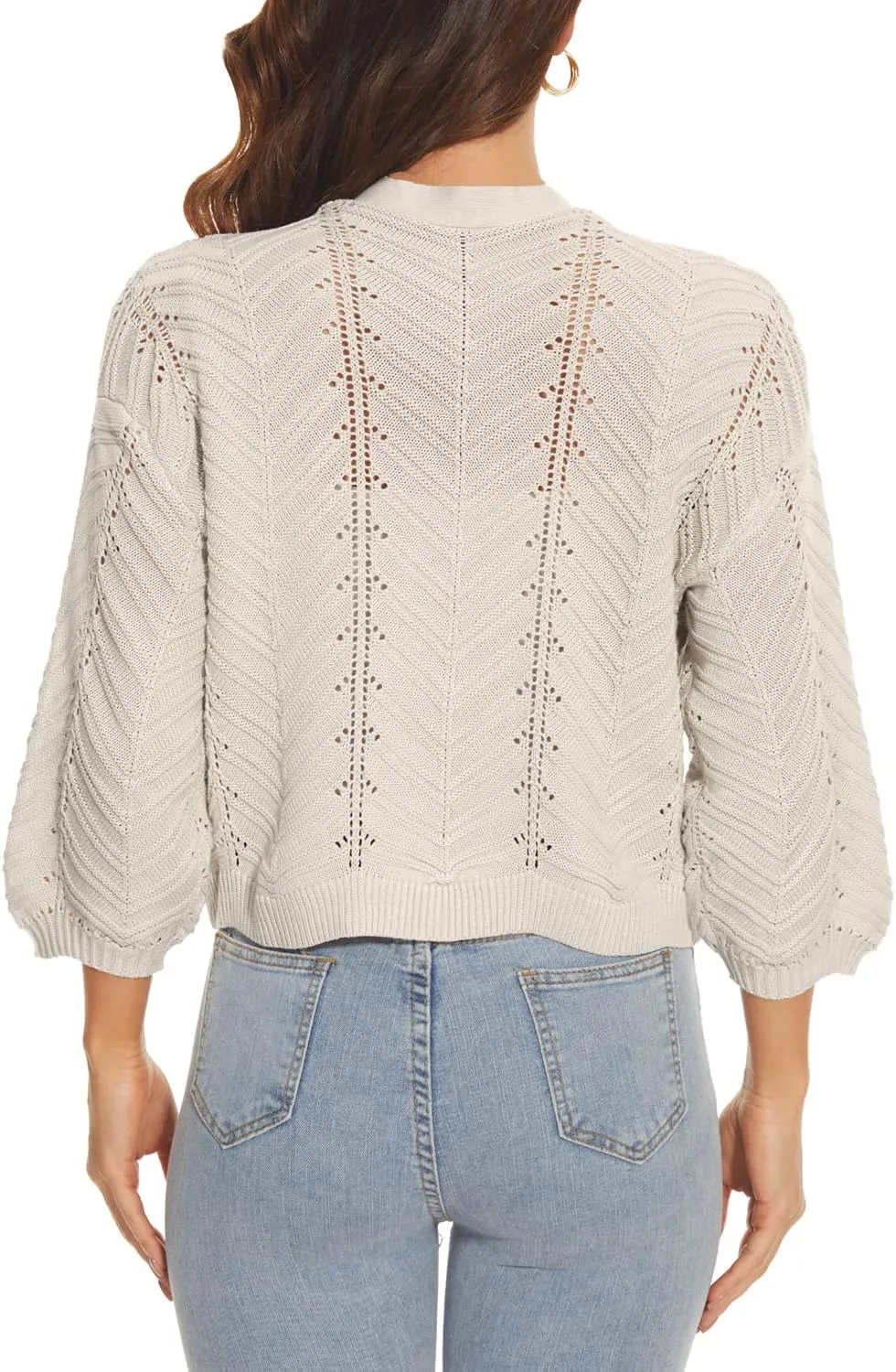 Jumppmile Womens 3/4 Sleeve Soft Crochet Cardigan Batwing Open Front Shrugs Cropped Sweater