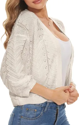 Jumppmile Womens 3/4 Sleeve Soft Crochet Cardigan Batwing Open Front Shrugs Cropped Sweater