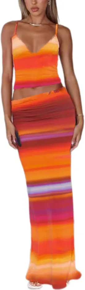 ksotutm Maxi Skirt Set Floral Print Halter Top Maxi Skirt Sexy Going Out Outfits for Women