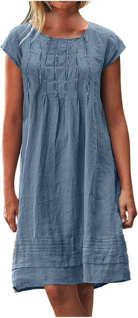 maisdgop Linen Dresses for Women 2025 Plus Size Cap Sleeve Pleated Summer Midi Dress Vacation Casual Knee Length Sundresses