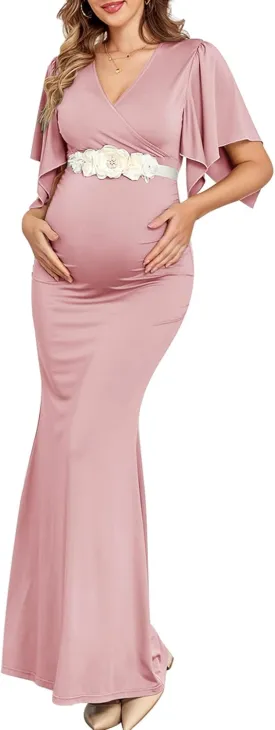 Maxi Maternity Dress with Flower Sash Semi Formal Baby Shower Wedding Guest V-Neck Handkerchief Sleeves Elegant