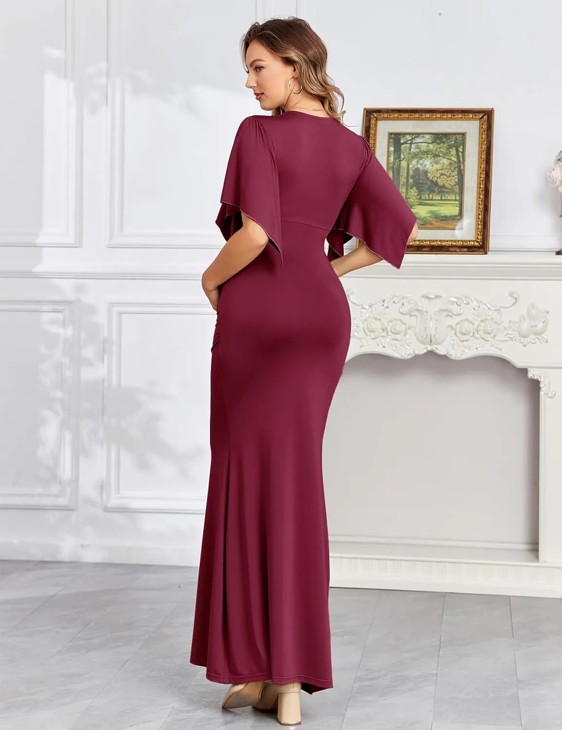 Maxi Maternity Dress with Flower Sash Semi Formal Baby Shower Wedding Guest V-Neck Handkerchief Sleeves Elegant