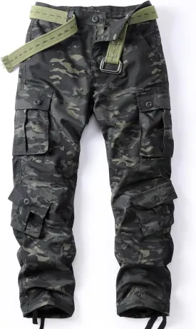 Men's Camo Cargo Work Pants Ripstop Lightweight Wild Army Military BDU Outdoor Trousers with 8 Pocktets (No Belt)