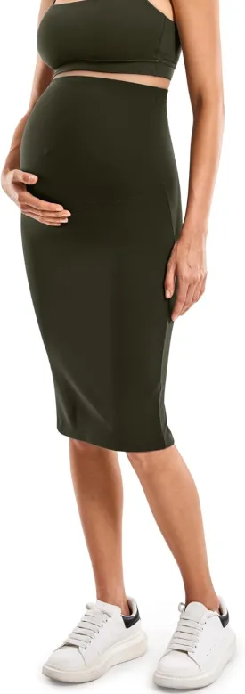 MOMANDA Women' s Maternity Skirt High Waist Midi Pencil Skirt with Slit Stretchy Pregnancy Casual