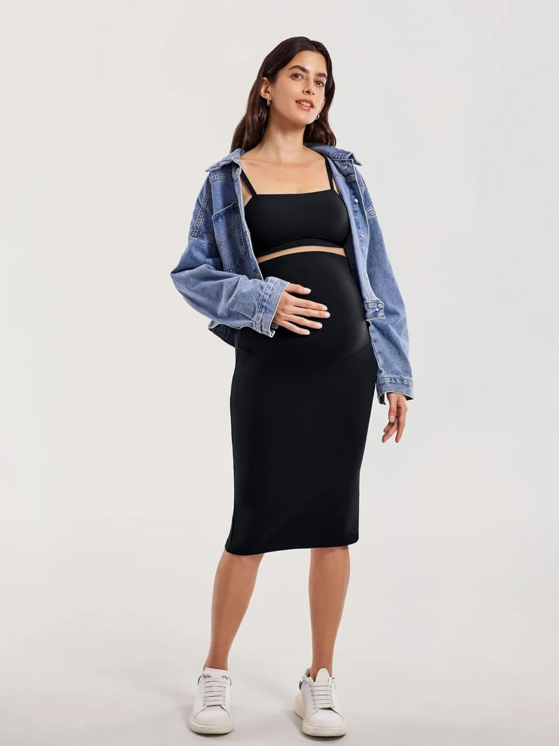 MOMANDA Women' s Maternity Skirt High Waist Midi Pencil Skirt with Slit Stretchy Pregnancy Casual