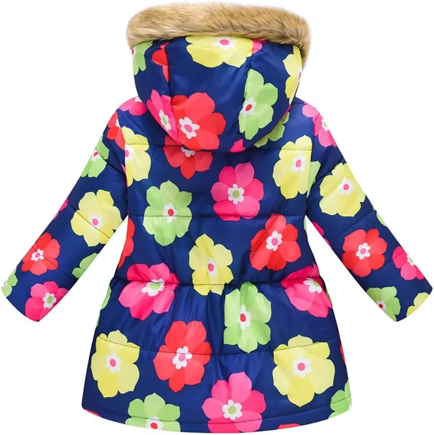 ODIZLI Kids Girls Boys Light Puffer Floral Print Faux Fur Hoodie Zip Up Fleece Fall Winter Jacket
