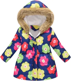 ODIZLI Kids Girls Boys Light Puffer Floral Print Faux Fur Hoodie Zip Up Fleece Fall Winter Jacket