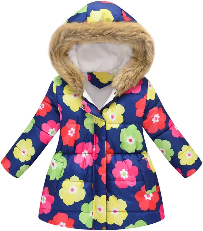 ODIZLI Kids Girls Boys Light Puffer Floral Print Faux Fur Hoodie Zip Up Fleece Fall Winter Jacket