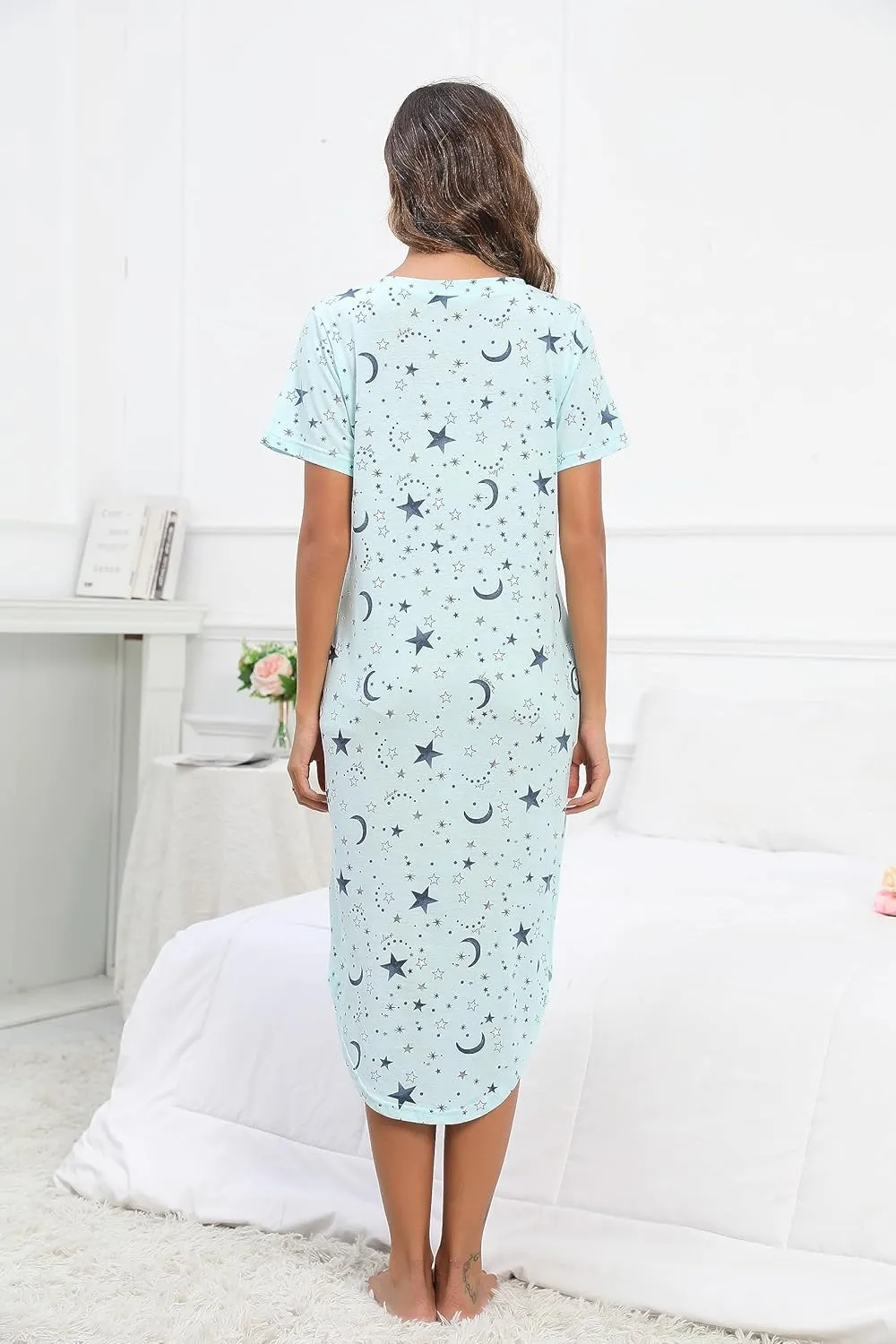 PNAEONG Women Short Sleeve Long Nightgown Soft Cotton Sleepwear Nightshirts Loungewear with Pockets