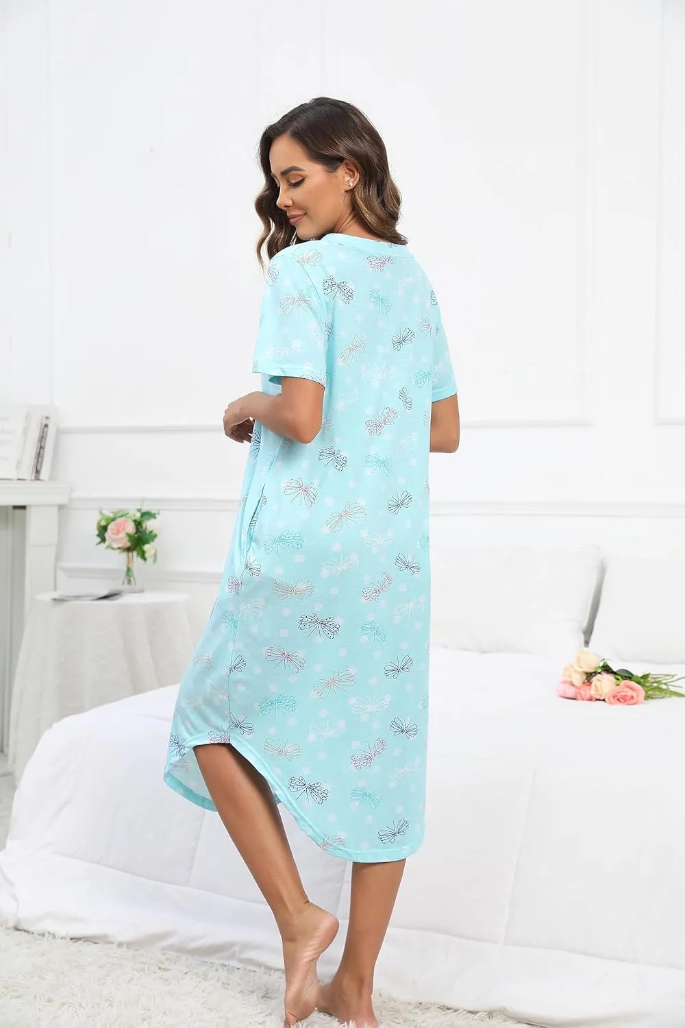 PNAEONG Women Short Sleeve Long Nightgown Soft Cotton Sleepwear Nightshirts Loungewear with Pockets